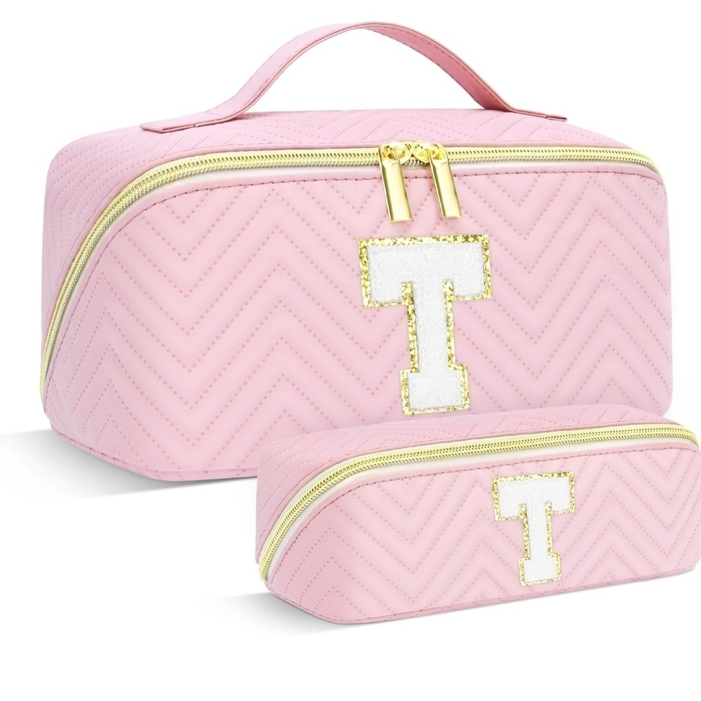 New! "T" Pink Quilted Cosmetic Makeup Bags For Travel Vacation Faux Leather